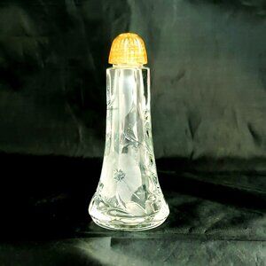 Vintage Cut Lead Crystal Salt Pepper Shaker With Amber Lid Floral Etching